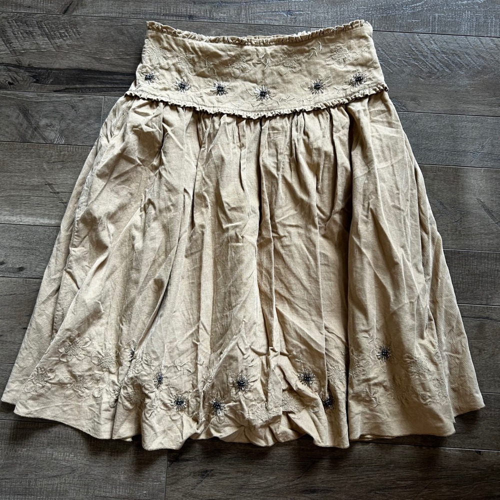 Y2K MOA Tan Corduroy Beaded Floral Embroidered Midi Skirt Beige Boho Medium